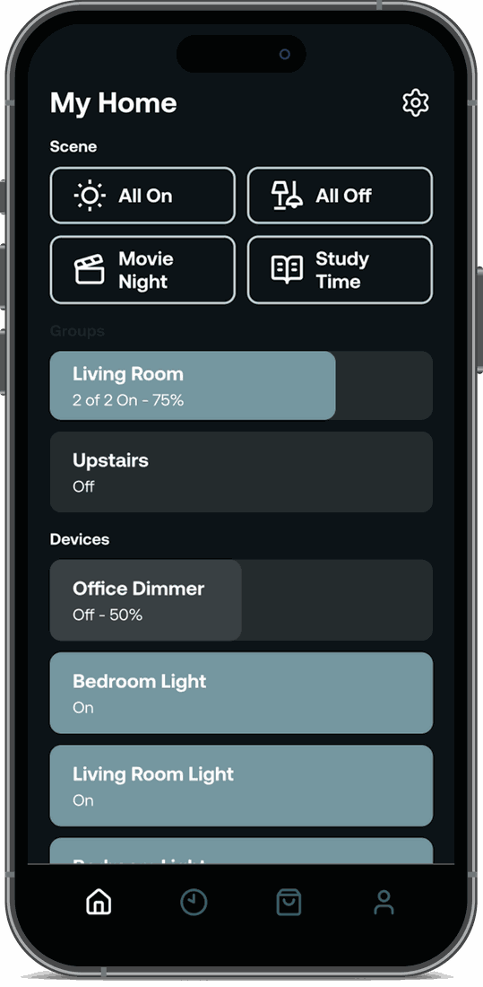 Deako app, dark mode — home screen