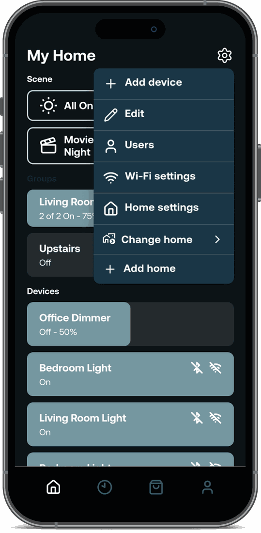 Deako app, dark mode — home settings menu