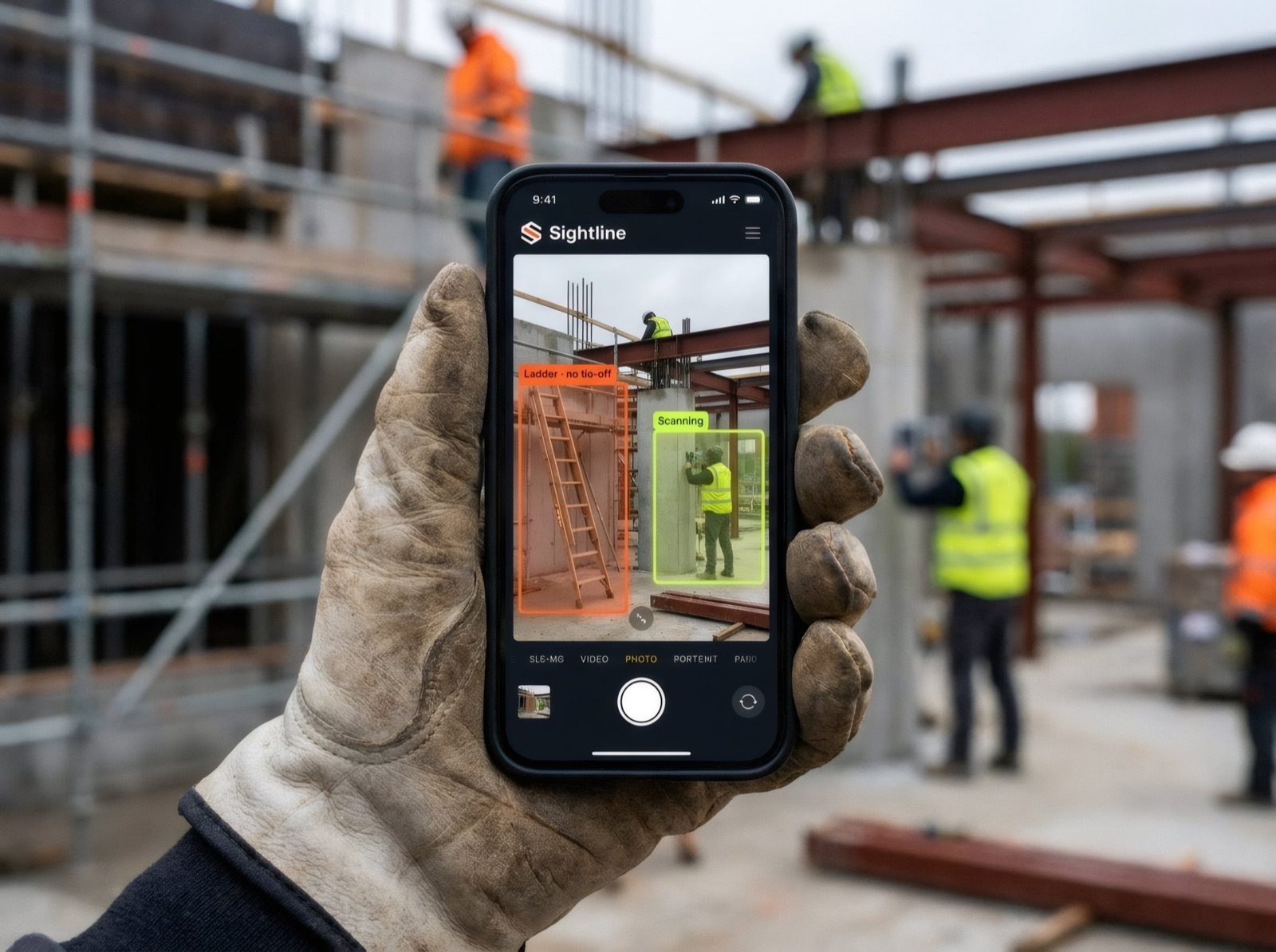 Sightline iOS field-capture app running on a phone held in a work glove, with orange and lime detection boxes flagging a ladder and a scanned worker