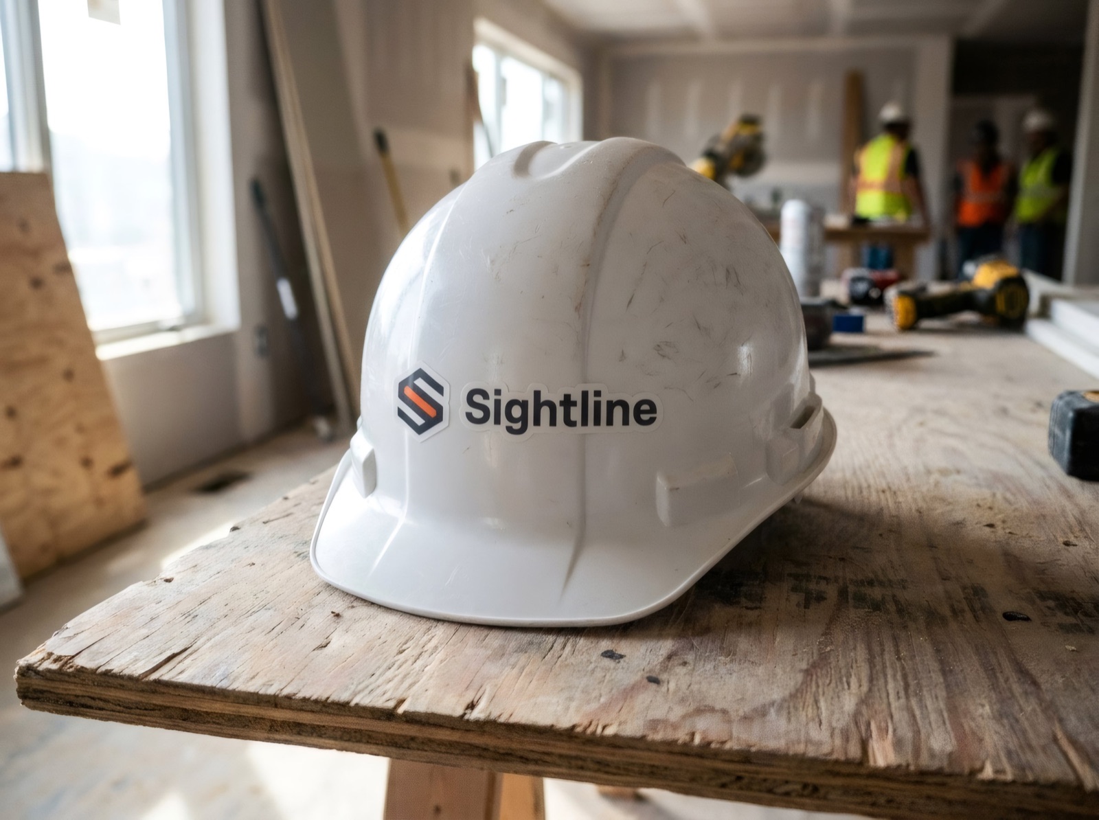 Sightline logo sticker on a white hard hat resting on a plywood table at a jobsite