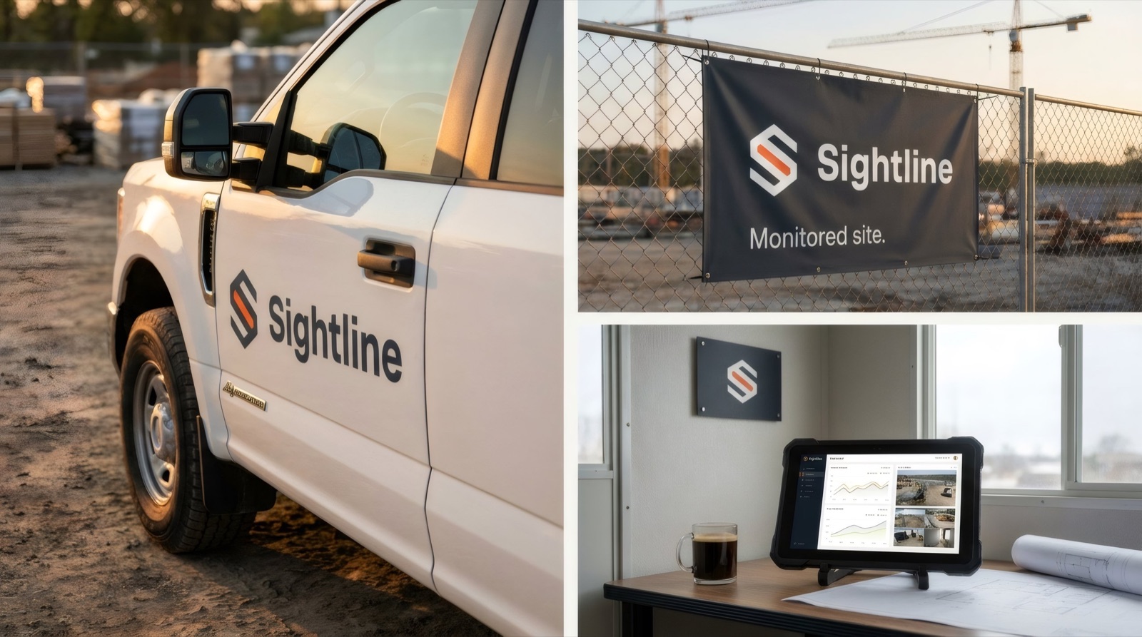 Sightline applied on-site — a white pickup truck door decal, a monitored-site fence banner, and an interior wall plaque above a dashboard tablet